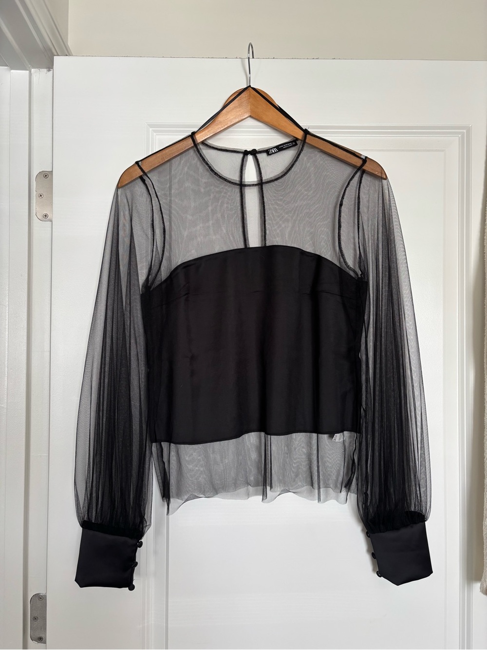 Zara Black Sheer Mesh Blouse with Organza Sleeves